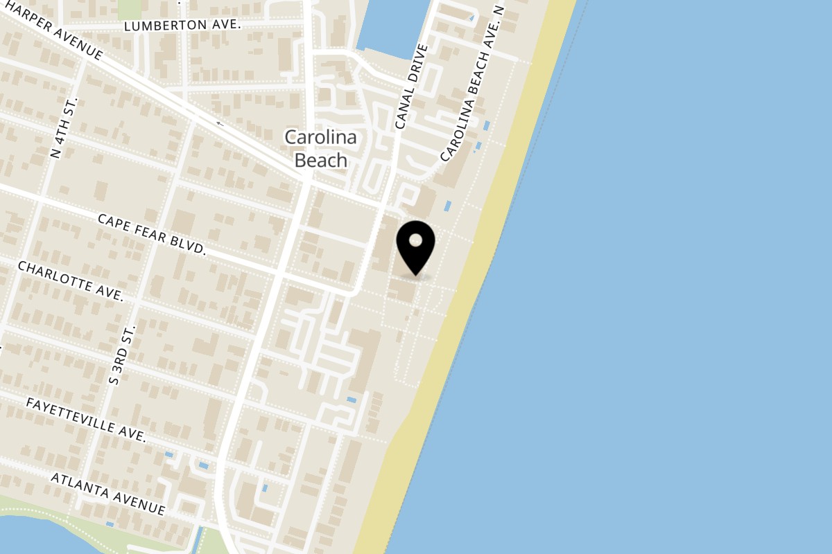 Map showing the location of Sunny Daze Smokehouse on 9 Pavilion Ave S in Carolina Beach